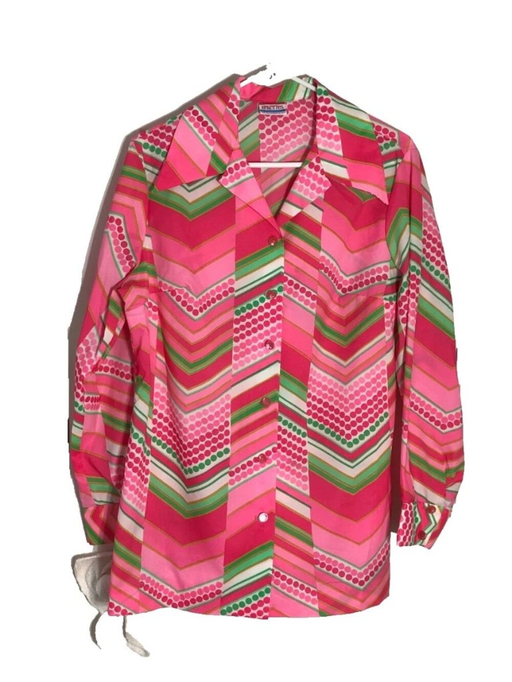 70's Pink Zig-Zag Chevron Pykettes Psychedelic Disco Butterfly Collar Blouse